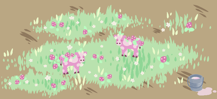 Digitally drawn game asset for 'Crops n Clicks' of strawberry cows and strawberry milk in a strawberry field (by me)